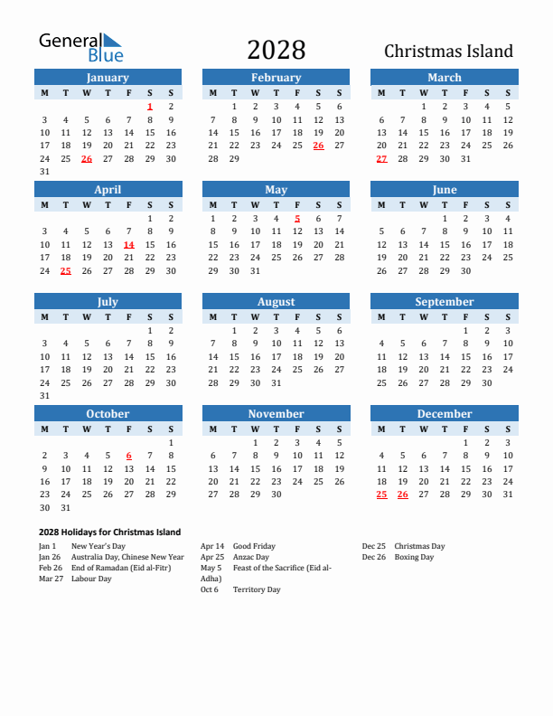 Printable Calendar 2028 with Christmas Island Holidays (Monday Start)