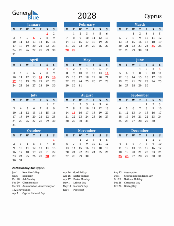 Printable Calendar 2028 with Cyprus Holidays (Monday Start)
