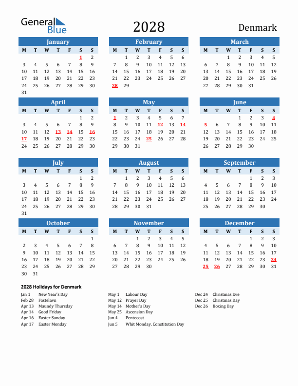 Printable Calendar 2028 with Denmark Holidays (Monday Start)