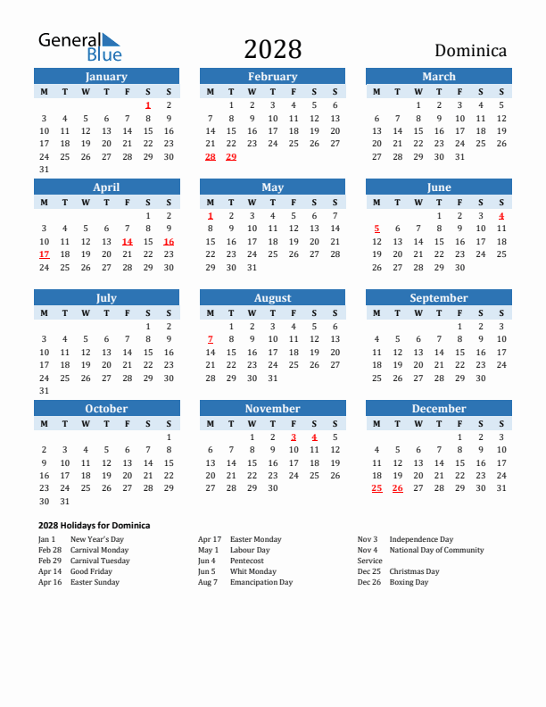 Printable Calendar 2028 with Dominica Holidays (Monday Start)