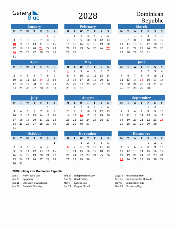 Printable Calendar 2028 with Dominican Republic Holidays (Monday Start)