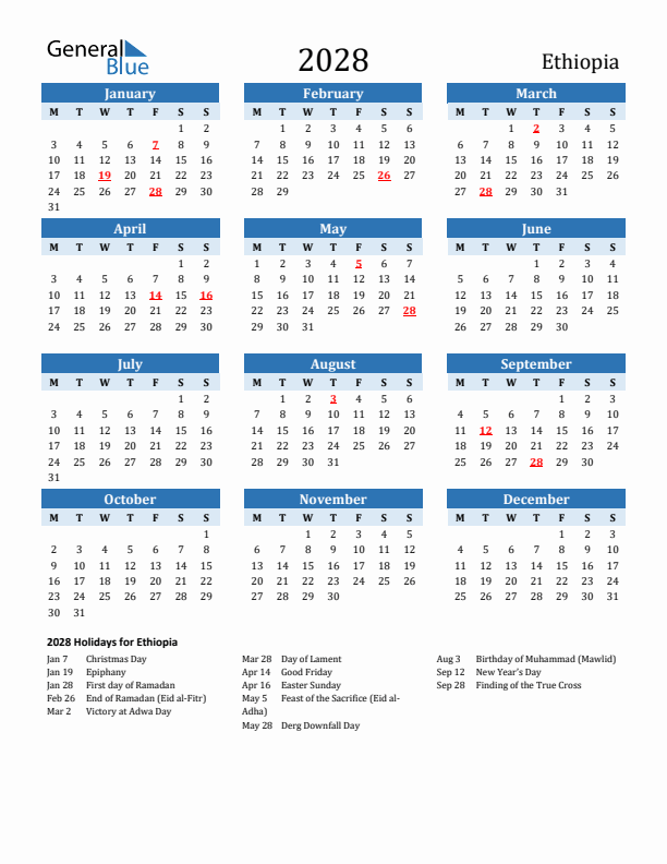 Printable Calendar 2028 with Ethiopia Holidays (Monday Start)