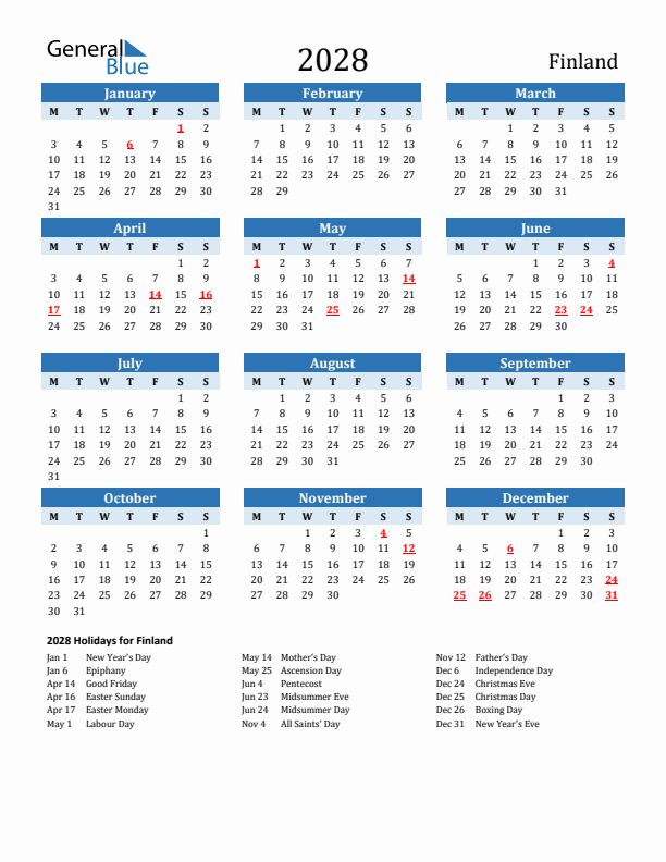 Printable Calendar 2028 with Finland Holidays (Monday Start)