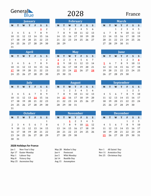 Printable Calendar 2028 with France Holidays (Monday Start)