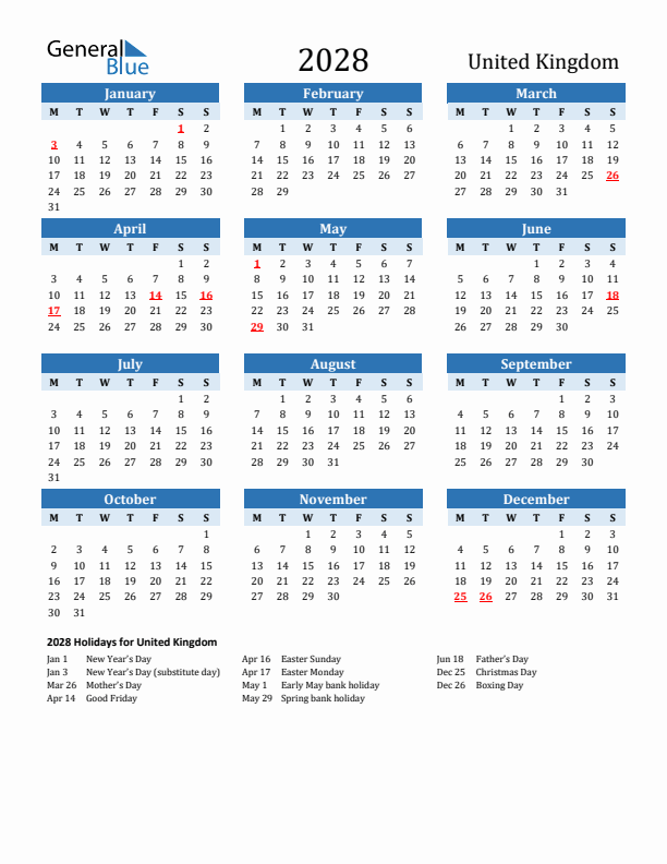 Printable Calendar 2028 with United Kingdom Holidays (Monday Start)