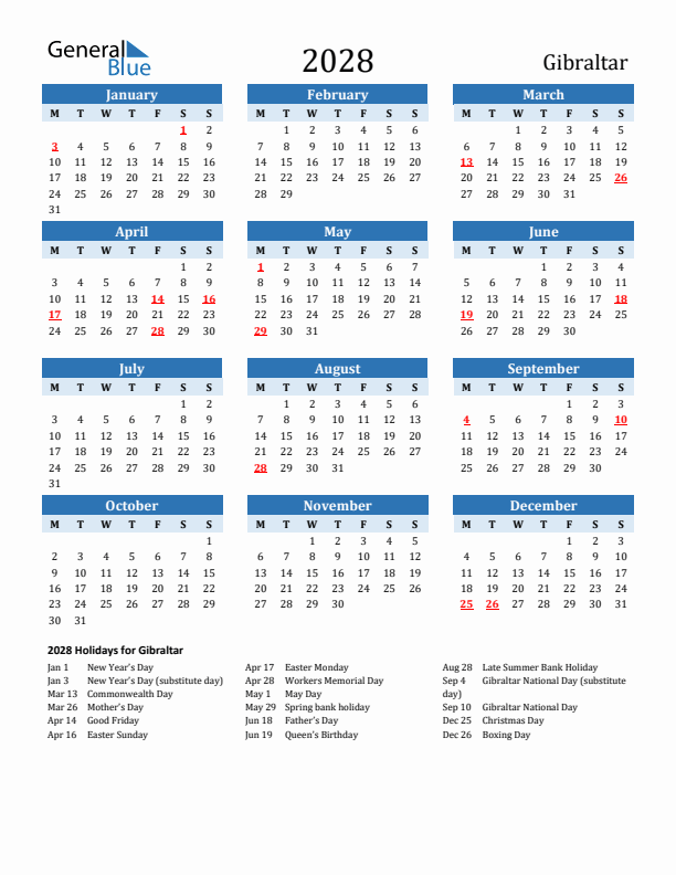 Printable Calendar 2028 with Gibraltar Holidays (Monday Start)