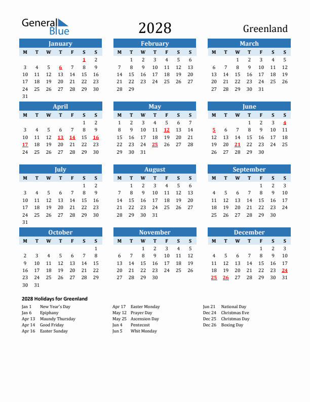 Printable Calendar 2028 with Greenland Holidays (Monday Start)