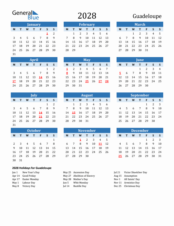Printable Calendar 2028 with Guadeloupe Holidays (Monday Start)