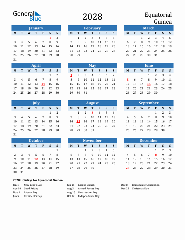 Printable Calendar 2028 with Equatorial Guinea Holidays (Monday Start)