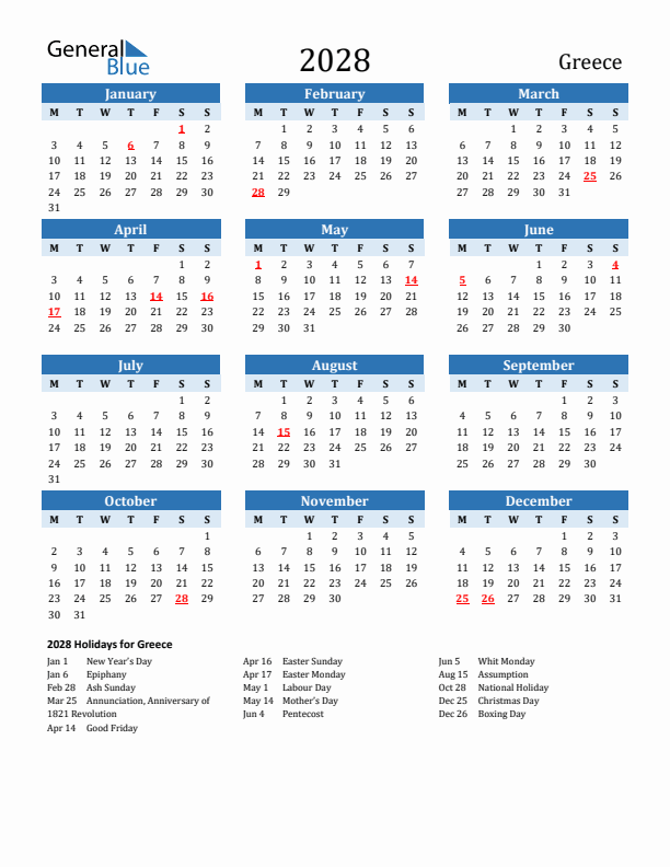 Printable Calendar 2028 with Greece Holidays (Monday Start)