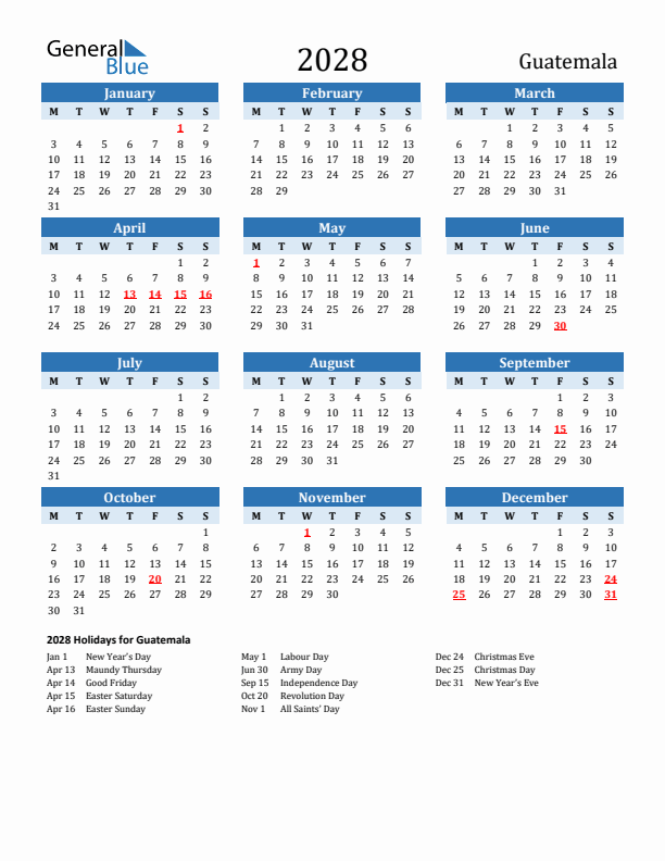 Printable Calendar 2028 with Guatemala Holidays (Monday Start)