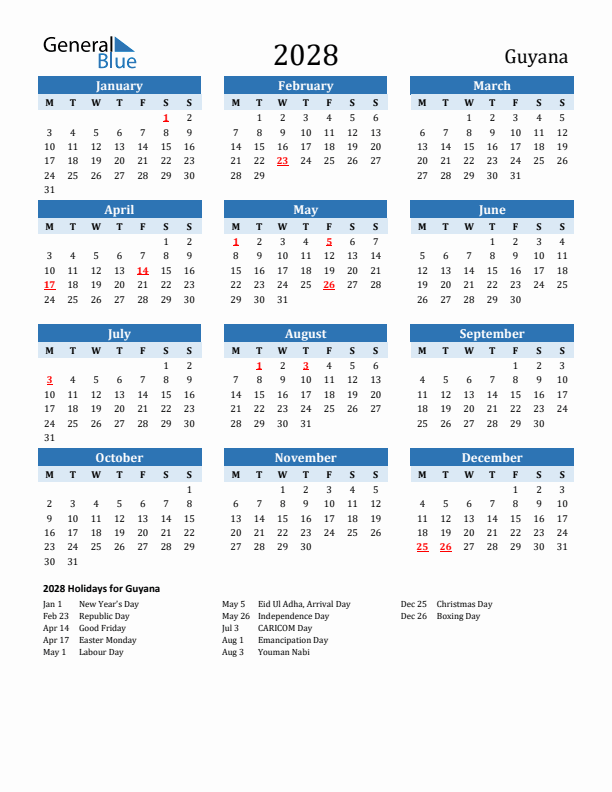 Printable Calendar 2028 with Guyana Holidays (Monday Start)