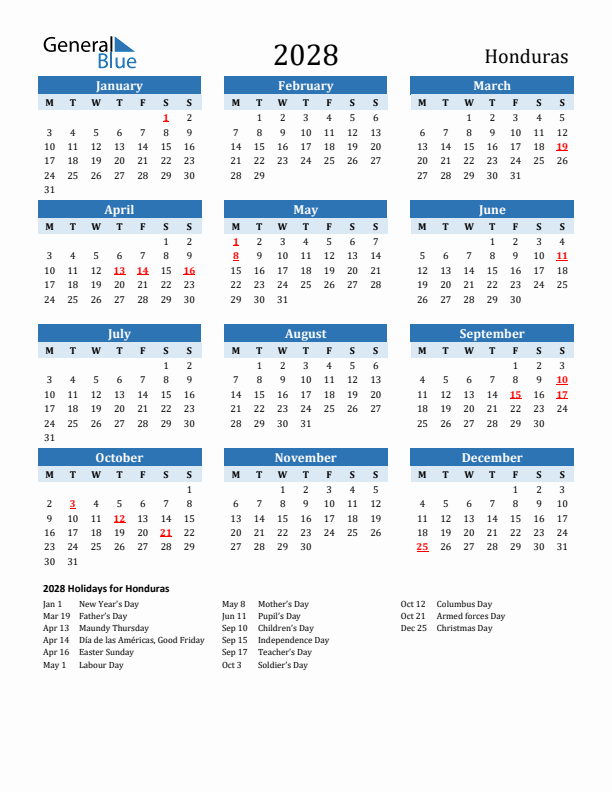 Printable Calendar 2028 with Honduras Holidays (Monday Start)