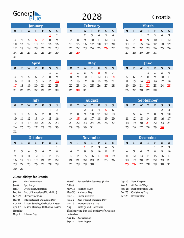 Printable Calendar 2028 with Croatia Holidays (Monday Start)