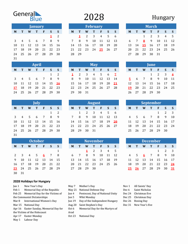 Printable Calendar 2028 with Hungary Holidays (Monday Start)