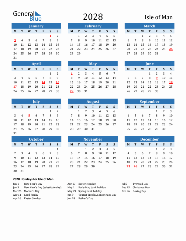 Printable Calendar 2028 with Isle of Man Holidays (Monday Start)