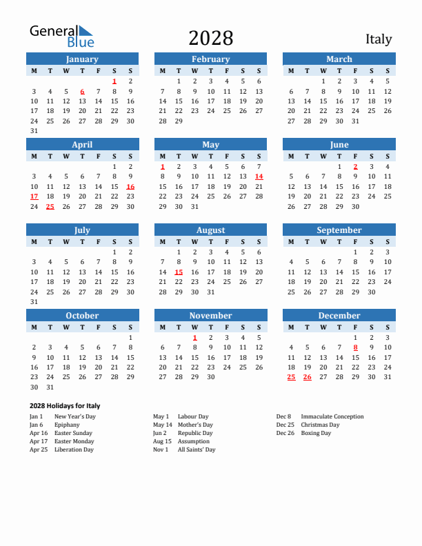 Printable Calendar 2028 with Italy Holidays (Monday Start)