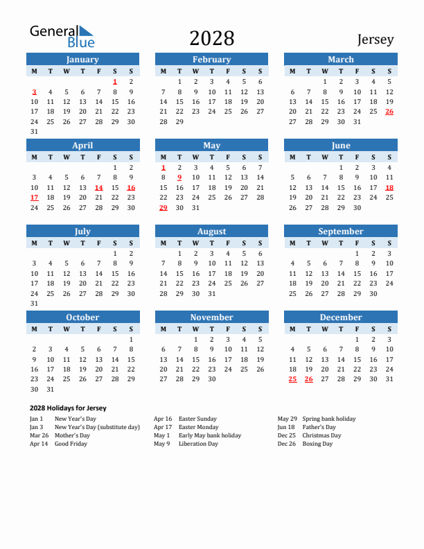Printable Calendar 2028 with Jersey Holidays (Monday Start)