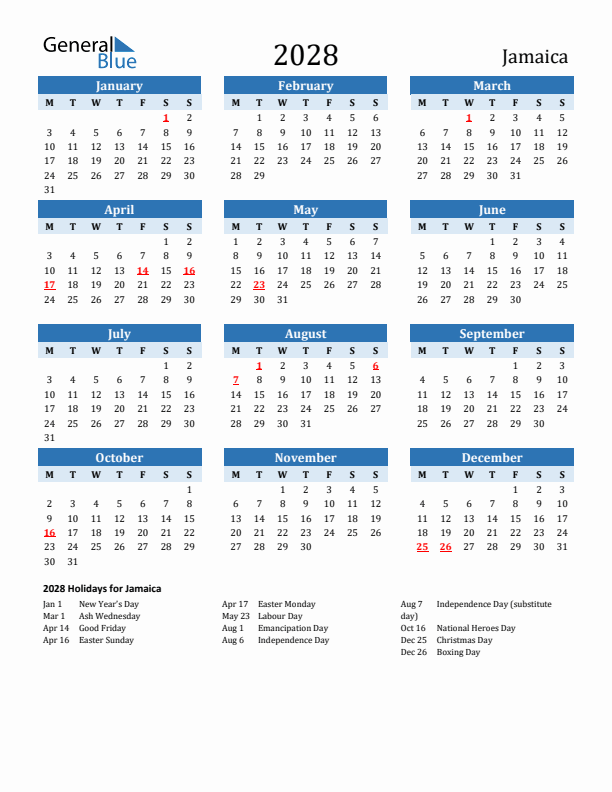 Printable Calendar 2028 with Jamaica Holidays (Monday Start)
