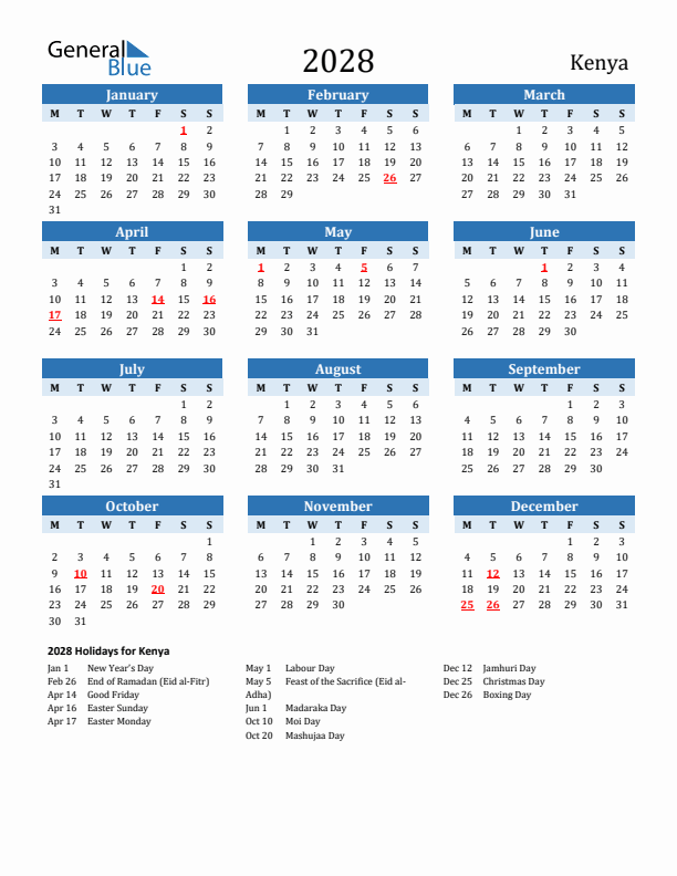 Printable Calendar 2028 with Kenya Holidays (Monday Start)