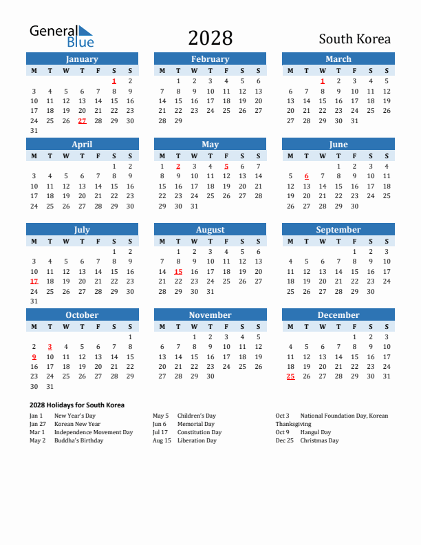 Printable Calendar 2028 with South Korea Holidays (Monday Start)