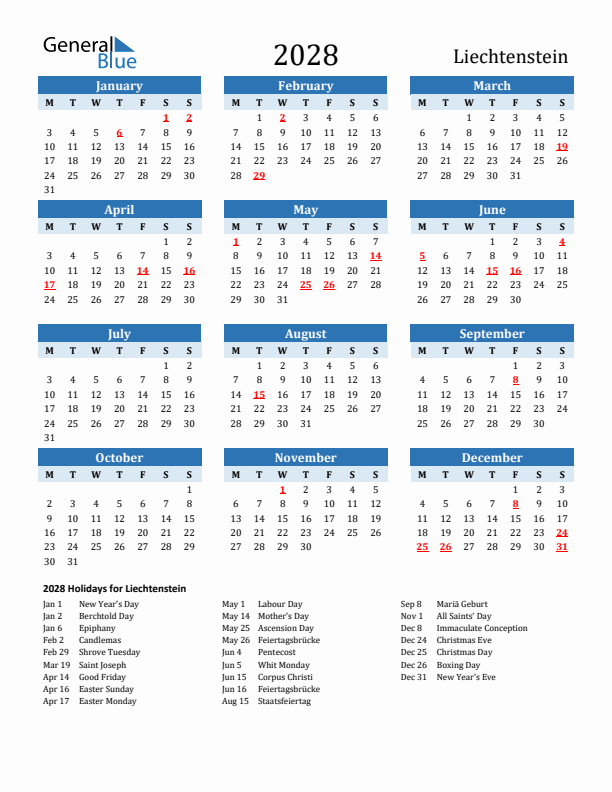 Printable Calendar 2028 with Liechtenstein Holidays (Monday Start)