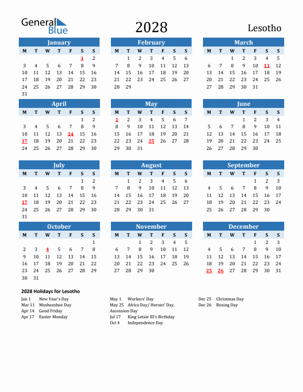Printable Calendar 2028 with Lesotho Holidays (Monday Start)