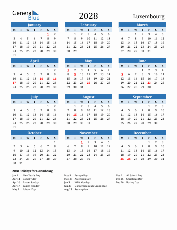Printable Calendar 2028 with Luxembourg Holidays (Monday Start)