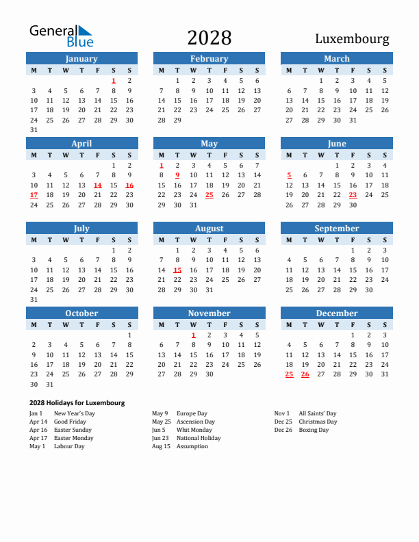 Printable Calendar 2028 with Luxembourg Holidays (Monday Start)