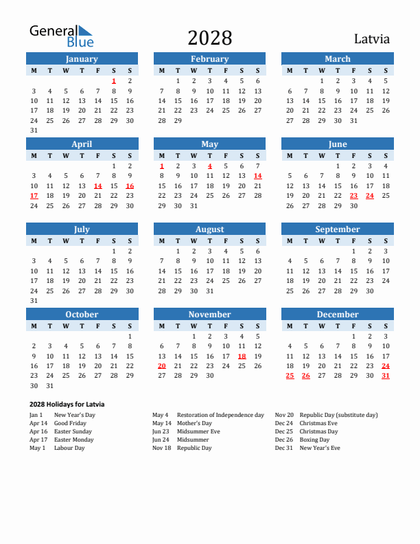 Printable Calendar 2028 with Latvia Holidays (Monday Start)
