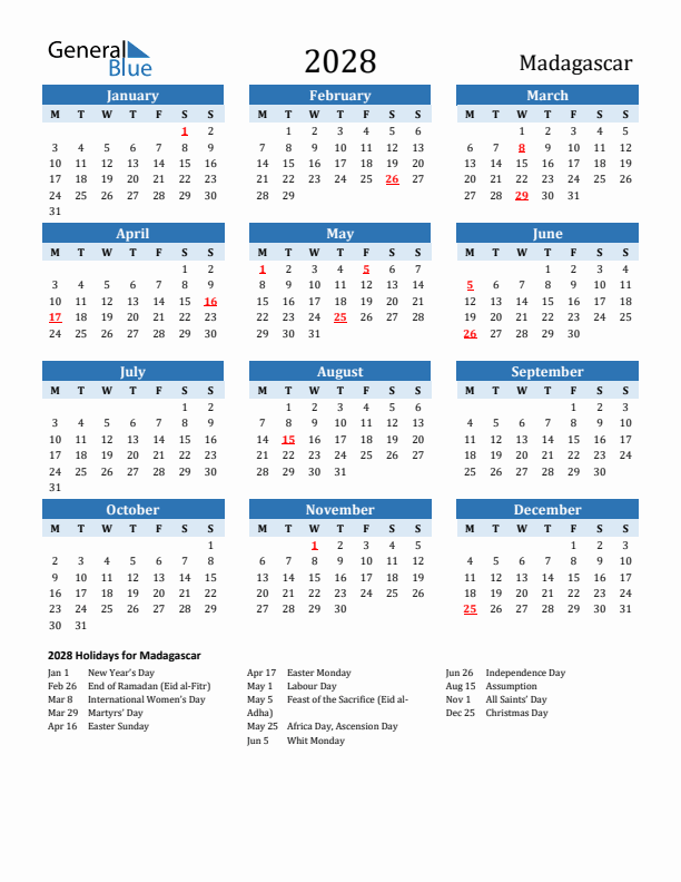 Printable Calendar 2028 with Madagascar Holidays (Monday Start)