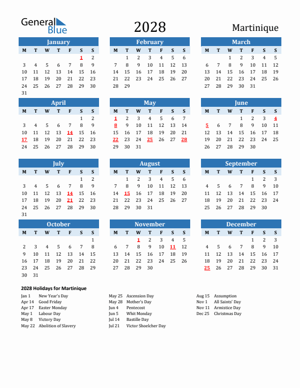 Printable Calendar 2028 with Martinique Holidays (Monday Start)