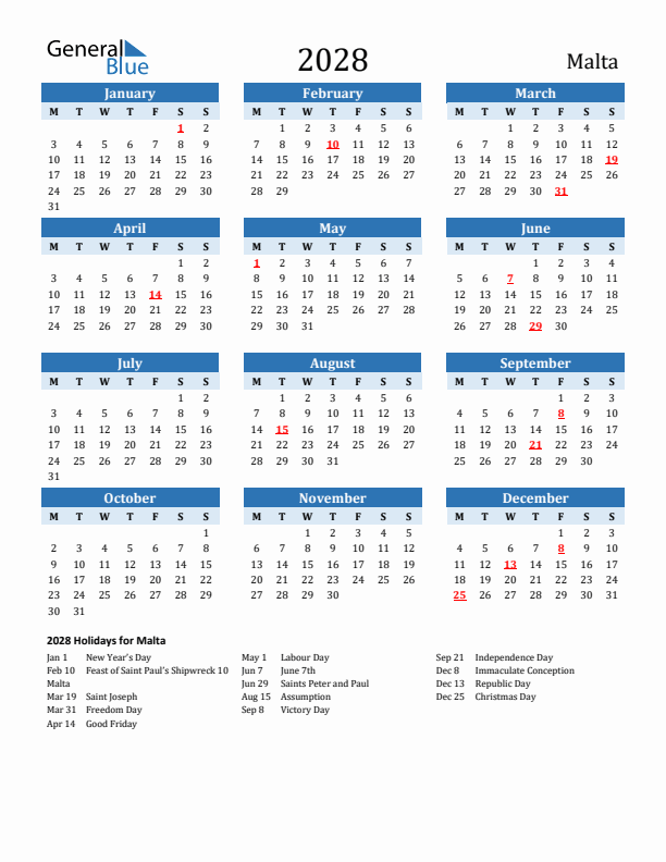 Printable Calendar 2028 with Malta Holidays (Monday Start)