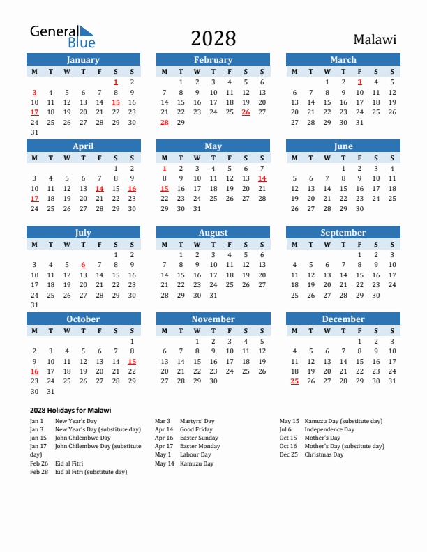Printable Calendar 2028 with Malawi Holidays (Monday Start)