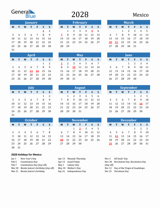 Printable Calendar 2028 with Mexico Holidays (Monday Start)