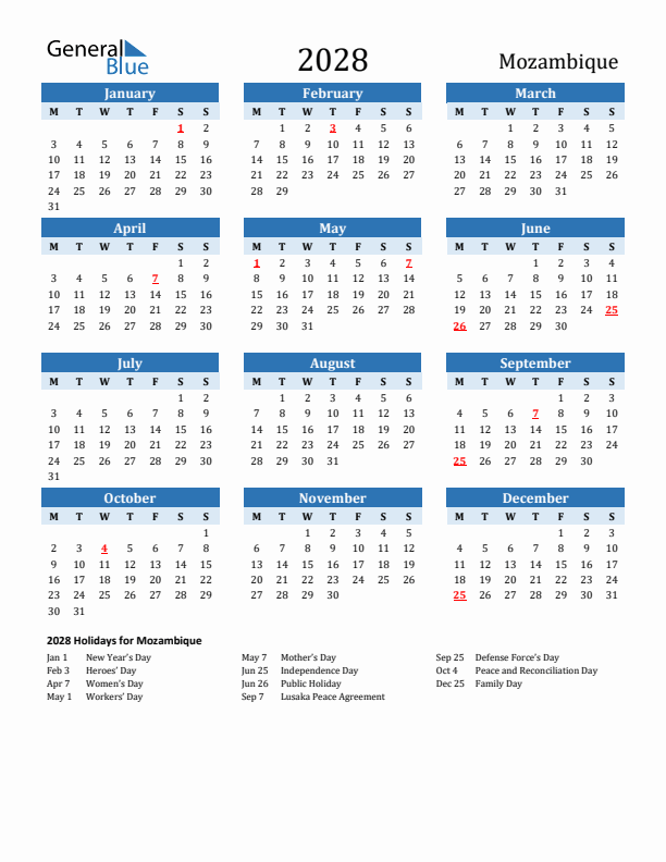Printable Calendar 2028 with Mozambique Holidays (Monday Start)