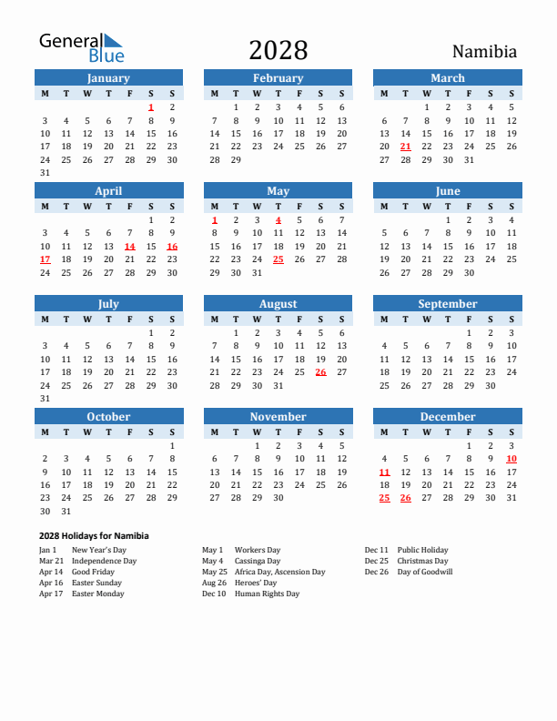 Printable Calendar 2028 with Namibia Holidays (Monday Start)