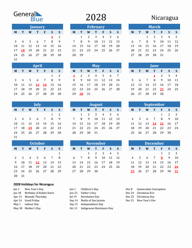 Printable Calendar 2028 with Nicaragua Holidays (Monday Start)