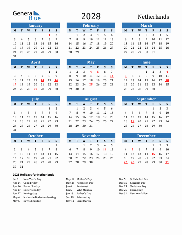 Printable Calendar 2028 with The Netherlands Holidays (Monday Start)