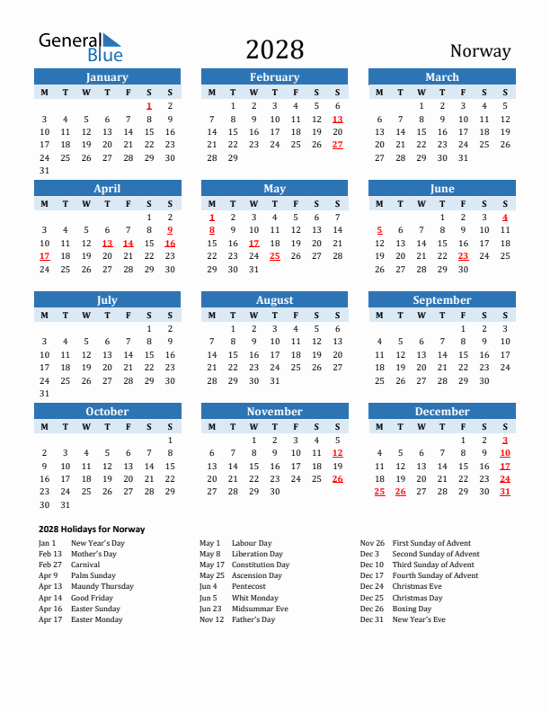 Printable Calendar 2028 with Norway Holidays (Monday Start)