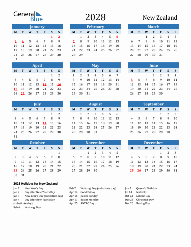 Printable Calendar 2028 with New Zealand Holidays (Monday Start)
