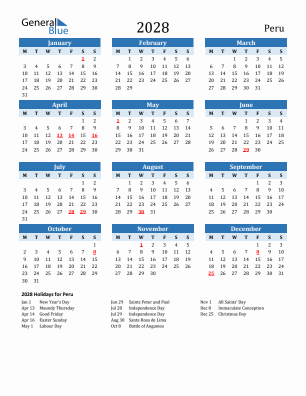 Printable Calendar 2028 with Peru Holidays (Monday Start)