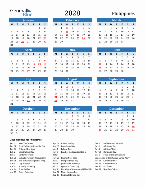 Printable Calendar 2028 with Philippines Holidays (Monday Start)