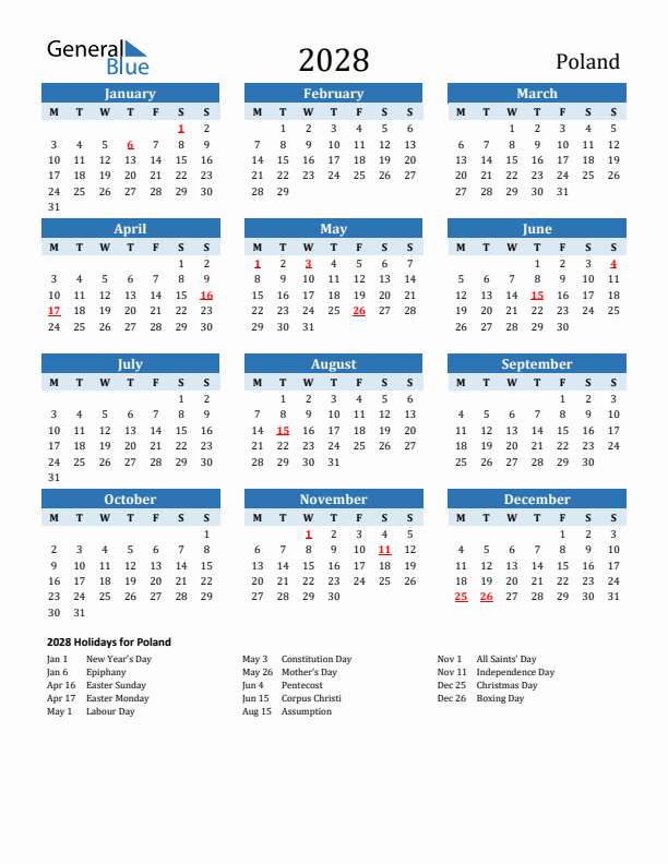 Printable Calendar 2028 with Poland Holidays (Monday Start)