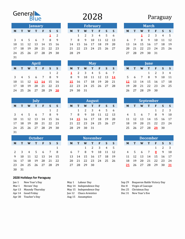 Printable Calendar 2028 with Paraguay Holidays (Monday Start)