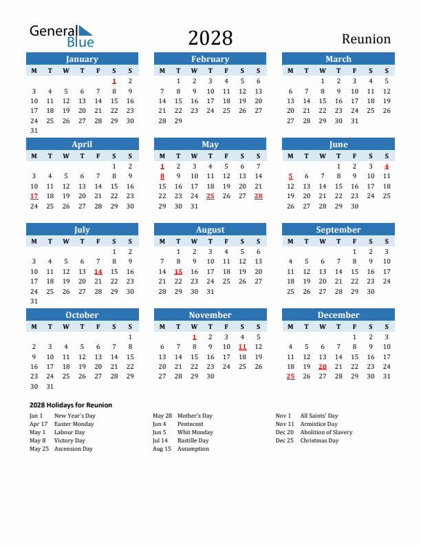 Printable Calendar 2028 with Reunion Holidays (Monday Start)