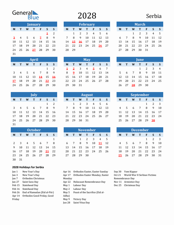 Printable Calendar 2028 with Serbia Holidays (Monday Start)