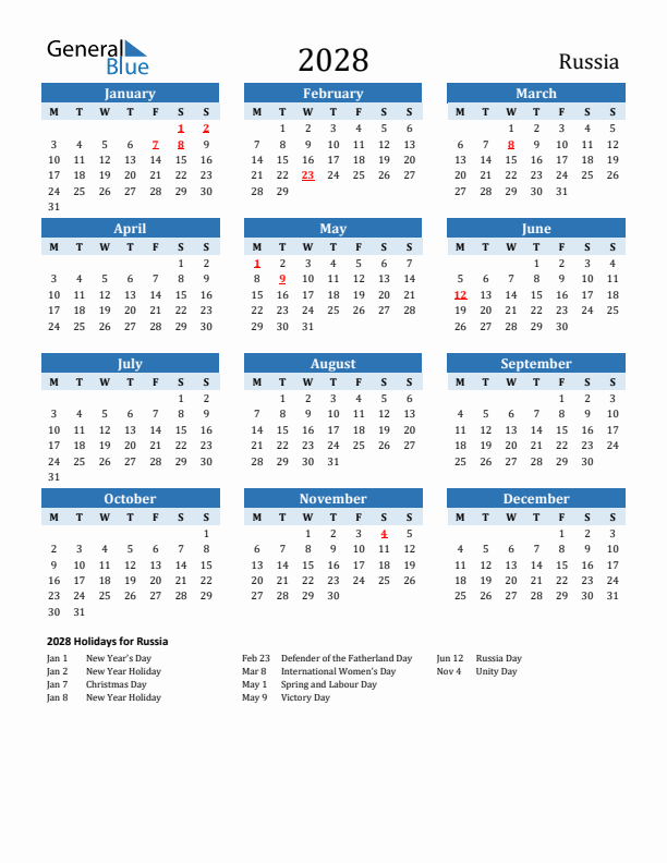 Printable Calendar 2028 with Russia Holidays (Monday Start)
