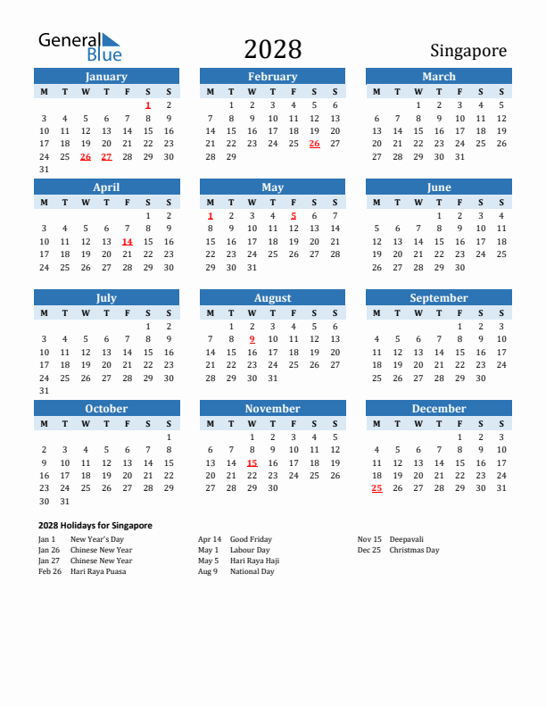 Printable Calendar 2028 with Singapore Holidays (Monday Start)