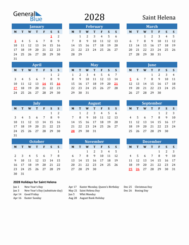 Printable Calendar 2028 with Saint Helena Holidays (Monday Start)